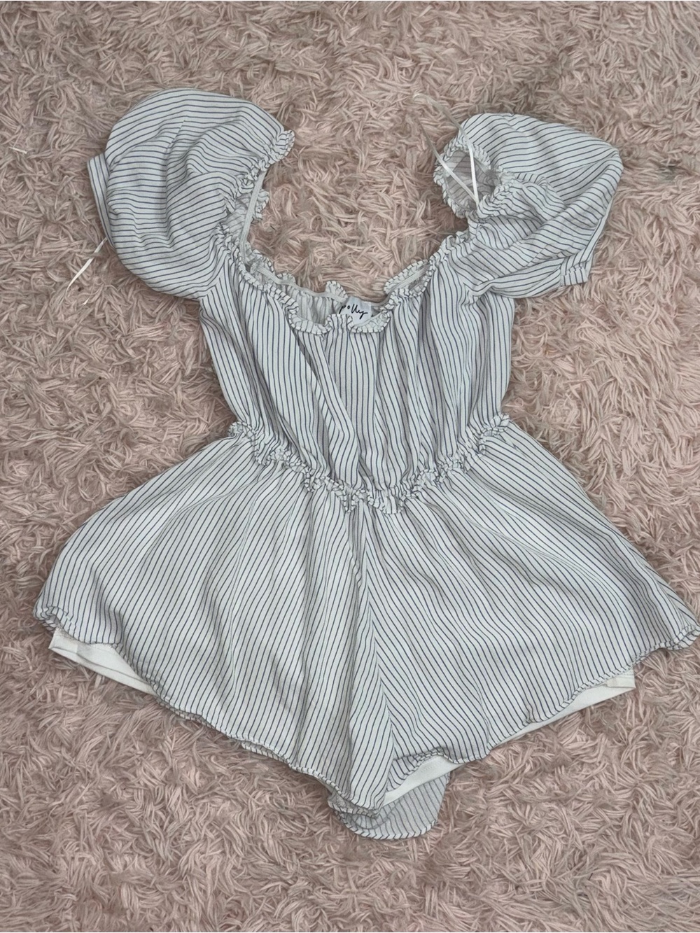 Princess Polly White and Blue Striped Puff-Sleeve Romper